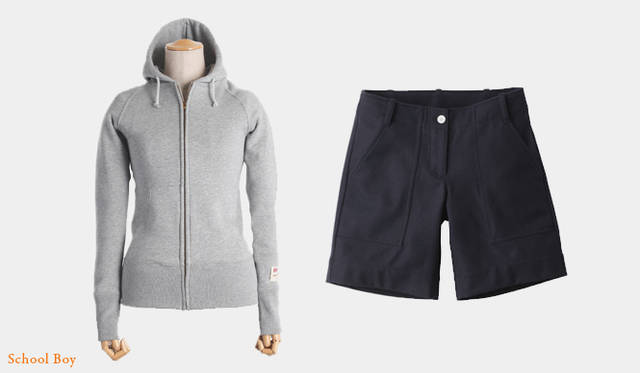 左から：<br><b>SCHOOL SWEAT HOOD｜スクールスウェットフード</b> 1万4700円　グレー（伊勢丹新宿店 ヤングスポーツウェア）　Material /コットン　Color /アイボリー、グレーアイボリー<br><b>SCHOOL SHORTS｜スクールショーツ</b> 1万6800円　ネイビー（ドレステリア 神南本店）　Material /ウール　Color /ミディアムグレー、ブラック、チャコールグレー
