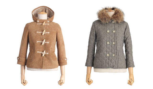 左から：<br> 11万5500円　キャメル（ビームス新丸の内）　Material /ムートン　Color /キャメル<br><b>KID’S GIGHE FUR｜キッズギア ファー</b> 4万9350円　ライトグレー（ビームス新丸の内）　Material /ウールツイード(キルティング)　Color /ネイビー、ベージュ、ターコイズブルー　※ディタッチャブルファー