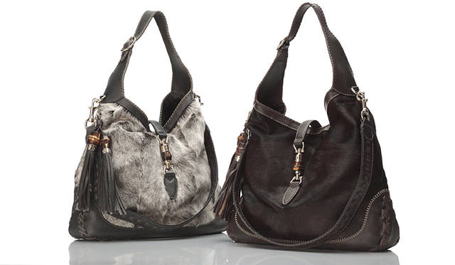 <strong>GUCCI｜グッチ</strong>　左から：「ニュージャッキーバッグ」キッドスノー（ヤギ） 52万3950円、「ニュージャッキーバッグ」ポニーカモフラージュ（カーフ） 49万1400円