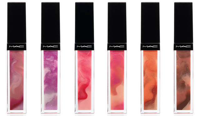 M・A・C「カラークラフトコレクション」 リップガラス（限定6色） 各2730円<br>左から、クレイジー オート（モーヴ）、エクレクティック エッジ（クールバイオレット）、ファンキー フュージョン（コーラルピンク）、ミス マーブル（ベージュピンク）、ナイス ミックス アップ（ジンジャーオレンジ）、プリティ パターン（ブラウンベージュ）