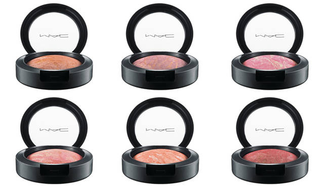 M・A・C「カラークラフトコレクション」 ミネラライズ ブラッシュ（限定6色） 各3360円<br>左から、チーク ＆ チアフル（ブロンズブラウン×イエローゴールド）、ファッダビュラス（バーントコーラル×イエローゴールド）、ダフト ピンク（ブルーピンク×ホワイトイエロー）、ハンド フィニッシュ（ライトピンク×ディープゴールド）、インプロバイズ （ニュートラルコーラル×ホワイトイエローゴールド）、スタイル デーモン（レンガ色×コッパー）