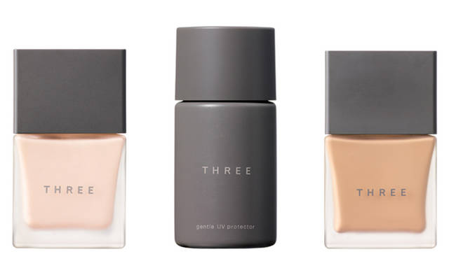 THREE｜プリスティーン プライマー（グロー/トランスルーセント）、ジェントル UV プロテクター、フローレス フルイド ファンデーション
