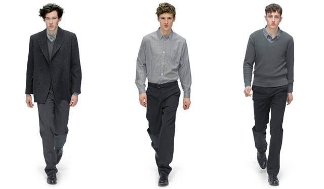 　<br>左から：コート 参考商品、ニット 2万9400円、シャツ 参考商品、トラウザーズ 3万450円、シューズ 8万4000円、<br>シャツ 2万7300円、トラウザーズ 3万450円、シューズ 8万4000円、<br>ニット 参考商品、シャツ 2万7300円、トラウザーズ 参考商品、シューズ 8万4000円