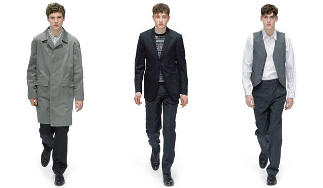 　<br>左から：コート 8万7150円、シャツ 参考商品、トラウザーズ 参考商品、シューズ 8万4000円、<br>ジャケット 8万4000円、ニット 3万7800円、トラウザーズ 3万4650円、シューズ 8万4000円、<br>ウェストコート 3万4650円、シャツ 2万7300円、トラウザーズ 参考商品、シューズ 8万4000円