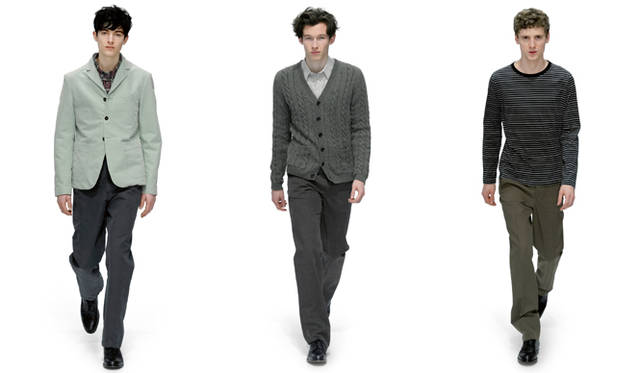 　<br>左から：ジャケット 参考商品、シャツ 2万7300円、トラウザーズ 1万2600円、シューズ 8万4000円、<br>ニット 7万9800円（神南店限定）、シャツ 2万4150円、トラウザーズ 3万450円、シューズ 8万4000円、<br>カットソー 1万6800円、トラウザーズ 参考商品、シューズ 8万4000円