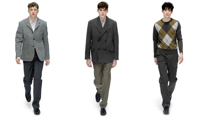 　<br>左から：ジャケット 6万9300円、シャツ 3万4650円、トラウザーズ 参考商品、シューズ 8万4000円、<br>コート 9万300円（店舗限定）、シャツ 2万9400円（神南店限定）、トラウザーズ 参考商品、シューズ 8万4000円、<br>ニット 3万7800円、トラウザーズ 3万450円、シューズ 8万4000円