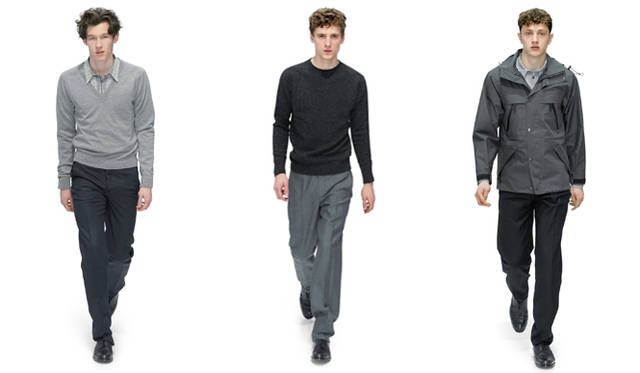 　<br>左から：ニット 参考商品、シャツ 3万4650円、トラウザーズ 3万4650円、シューズ 8万4000円、<br>ニット 6万6150円（神南店限定）、トラウザーズ 3万7800円、シューズ 8万4000円、<br>コート 6万4050円、シャツ 参考商品、トラウザーズ 4万2000円、シューズ 8万4000円