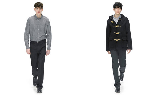 　<br>左から：シャツ 1万7850円、トラウザーズ 4万2000円、ベルト 2万4150円、シューズ8万4000円、<br>コート 5万5650円、シャツ 1万6800円、トラウザーズ 参考商品、シューズ 8万4000円