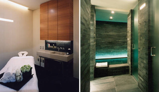 FOUR SEASONS HOTEL Tokyo at Marunouchi｜フォーシーズンズホテル丸の内 東京「ベル ド ジュール トリートメント フォー フェイス イン ヘブン」　左：プライベートトリートメントルーム、右：スチームサウナやジェットシャワー、伝統的な温泉風呂を併設したウェットスパ