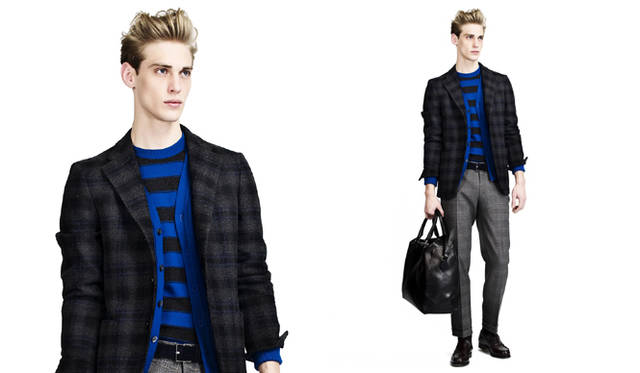 <b>BALLANTYNE 2009AW MENS COLLECTION</b><br>ロイヤルブルー×グレーのカラーコンビネーション<br>ジャケット19万9500円、カシミヤカーディガン18万6900円、カシミヤプルオーバー9万2400円、パンツ8万1900円、ベルト5万5650円、シューズ11万250円