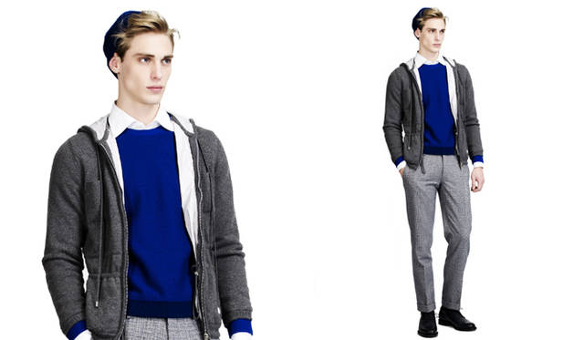 <b>BALLANTYNE 2009AW MENS COLLECTION</b><br>ロイヤルブルー×グレーのカラーコンビネーション<br>カシミヤジップパーカ33万6000円、カシミヤプルオーバー10万8150円、パンツ11万250円、シューズ11万3400円