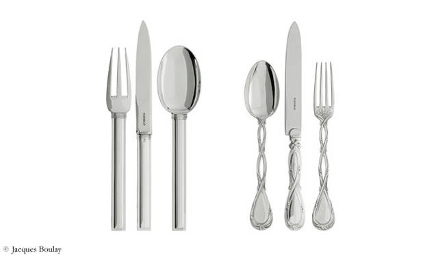 <b>PUIFORCAT｜ピュイフォルカ　左｜カトラリー「カンヌ」</b> ディナーフォーク | 8万5050円　ディナーナイフ | 6万5150円　ディナースプーン | 8万5050円　ピュアなラインが美しいこのカトラリーシリーズは1930年代のピュイフォルカに起こったデザイン革命を象徴している。<b>右｜カトラリー「ロワイヤル」</b> ディナースプーン | 8万8200円　ディナーナイフ | 6万9300円　ディナーフォーク | 8万8200円 <br>ピュイフォルカの代表作として「エリゼ」シリーズとともに重要な位置をしめている。