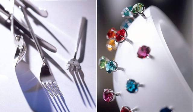 「建築家 Borek Sipek（ボジェック・シーベック）の軌跡と作品展」<br>右／<b>Alix</b>, silver cutlery, for Driade, 1989<br>左／<b>Apollo</b>, hand made crystal bowl, for Swarovski, 1997