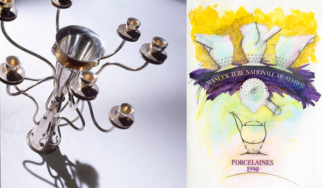 「建築家 Borek Sipek（ボジェック・シーベック）の軌跡と作品展」<br>右／<b>Simon</b>, silver candle-holder, for Driade, 1989<br>左／<b>Poster</b>, or Manufacture Nationale de Sevres, France, 1990