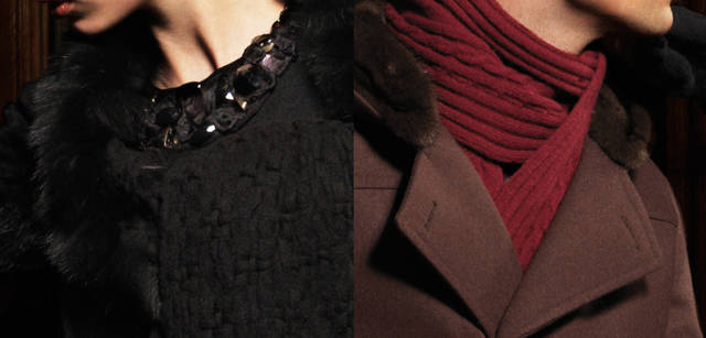 <b>LANVIN COLLECTION｜ランバン コレクション</b>　ウィメンズ：ニットジャージーが生むしなやかなラインと着心地のよさが特徴のドレスは、後ろ身頃にベルベットを配して。ファー付きのストールはカシミアを編みこんでいる。アクセサリーとしてだけではなく、さまざまに“着こなす”ことが可能だ。メンズ：ダッフルコートを大人っぽく仕立てた。襟のミンクはディタッチャブル。