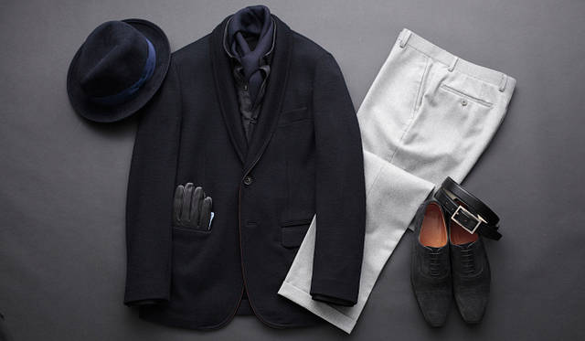 <b>LANVIN COLLECTION｜ランバン コレクション</b>　ショールカラージャケット 7万1400円、シャツ 2万6250円、ハット 3万9900円、ストール 5万2500円、グローブ 2万9400円、ベルト 2万1000円、パンツ 3万6750円、シューズ 6万900円