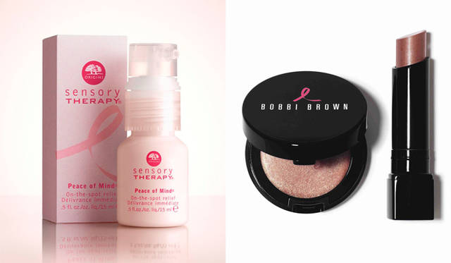 エスティ ローダー グループ 乳がん早期発見啓発キャンペーン2009│左／<b>オリジンズ</b>　ピース オブ マインド(15ml)1785円、<br>右／<b>ボビイ ブラウン</b>　「2009 ピンク リボン コレクション」クリーミー リップ カラー ブラッシュピンク、グリッター リップバーム ピンククリスタル（限定色）6825円