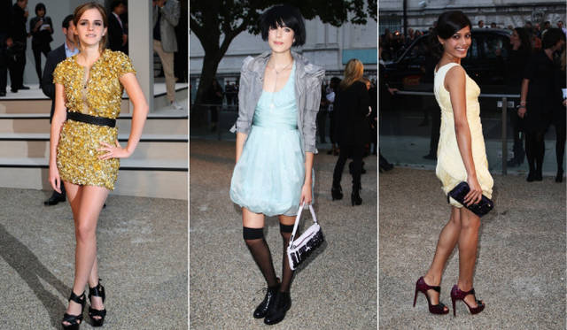 <b>BURBERRY PRORSUM｜バーバリー プローサム</b>　バーバリーのドレスを纏ったセレブリティたち。左からエマ・ワトソン、アギネス・ディーン、フリーダ・ピント