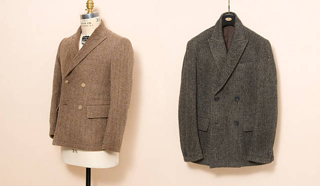 <b>UNITED ARROWS｜ユナイテッドアローズ</b>　ジャパンデザイナーキャラクターブランドコラボレーション「scye（サイ）」<br>ヘリンボーン4Bダブル・アンコンストラクテッドジャケット各6万1950円<br>素材│ウール100％のヘリンボーン、カラー│キャメル、グレー、サイズ│36、38