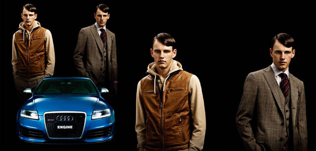 <b>アウディ RS6｜Audi RS6</b>／右｜グレンチェック、ウール100％のスーツにザックスブルー地に白のキャンディ・ストライプのシャツ、レジメンタル・タイを合わせた。スーツ22万500円（ベルベスト）、シャツ1万9950円、ポケットチーフ6300円（ともにチフォネリ）、ネクタイ1万8900円（チェサレ アットリーニ）<br>左｜カシミヤのジップアップパーカにダウンとラム・レザーのリバーシブルのヴェストを合わせた。ヴェスト36万7500円、パーカ25万2000円、トラウザーズ9万9750円（すべてブルネロ クチネリ）