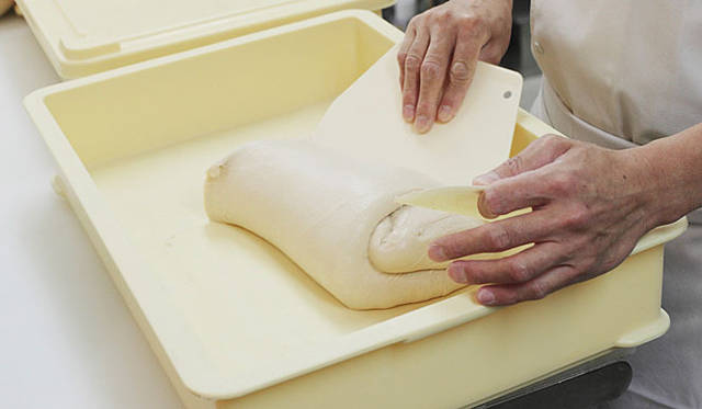 L’atelier de Plaisir│「バゲット」の生地。最初はドロドロだった生地が、パンチングを繰り返し低温長時間発酵させると、次第にまとまってくる。この生地から12～3本のバゲットがつくられる