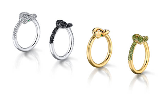 Asprey｜124石の異なるサイズのストーンをセッティングしたリングは、それぞれの石がジュエリーにふさわしくカッティングされている。ひとつずつルーペを覗きながらカットされた石がスネークのつややかな質感を美しく再現。「プロテクター コレクション リング」左から｜[WG×ダイヤモンド]36万円、[WG×ブラックダイヤモンド]39万円、[YG×エメラルド]14万円、[YG×ツァヴォライト]28万円／アスプレイ ジャパン