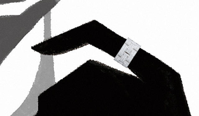 ｜ダイヤモンドをパヴェセッティングしたレクタングルを組み合わせた、ボリュームのあるリング。これひとつで手もとにインパクトを。リング　XXL [WG×ダイヤモンド] 270万円（カルティエ／カルティエ カスタマー サービスセンター  0120-301-757）