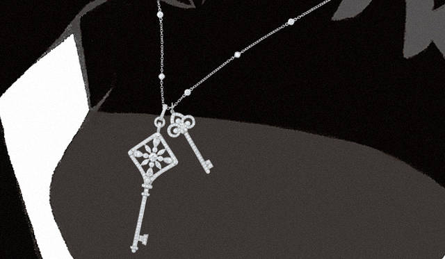 ｜ティファニーのアーカイブに保管されている、熟練の金銀細工師によって作られたさまざまなキー（鍵）。それが2009年の今年に、ジュエリー コレクションの「ティファニー キー」としてバリエーション豊富に登場した。運命の扉を開くかのようなドラマチックな輝きは、好きなチェーンとの組み合わせも選べることが楽しい。左｜スクエア カレイドスコープ キー[PT×ダイヤモンド]161万7000円、右｜フルール ド リス キー[PT×ダイヤモンド]35万7000円、ダイヤモンド ベゼル チェーン（24インチ）[PT×ダイヤモンド]67万2000円（すべてティファニー／ティファニー・アンド・カンパニー・ジャパン・インク 0120-488-712）