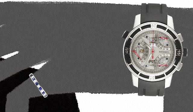 ｜黒ラバーのベルト、メカニック然としたステンレススチールの組み合わせながらも、どこかクラシカルかつシックな雰囲気を放つ。存在感のあるクロノグラフ。「ティファニー マークT-57 トリレトログラード クロノグラフ」 ウォッチ（自動巻き）[ST]86万6250円、ドレスアップする日には、鮮やかなサファイヤをアクセントにしたリングを。チャネルセット ハーフサークル リング[PT×ダイヤモンド×サファイヤ]30万4500円～（ともにティファニー／ティファニー・アンド・カンパニー・ジャパン・インク 0120-488-712）
