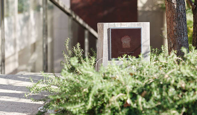 ダンディゾン｜縦長のガラス窓と、淡いピンクの壁が印象的な建物。小さな看板の横の階段を降りて行くと、パン屋が現れる