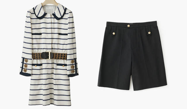 <b>CHLOÉ</b>｜ボーダードレス35万5950円、チェーンベルト15万5400円、金ボタンつきショートパンツ5万8800円（すべてクロエ／クロエ インフォメーションデスク）