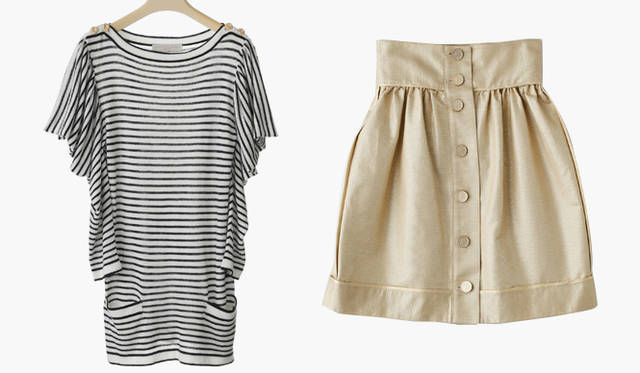 <b>STELLA McCARTNEY</b>｜たっぷりショルダーがとられたスリーブがモダン。ボーダーニットドレス13万7550円、ゴールドのフロントボタンがポイント。スカート9万8700円（ステラ マッカートニー／ユニット＆ゲスト）