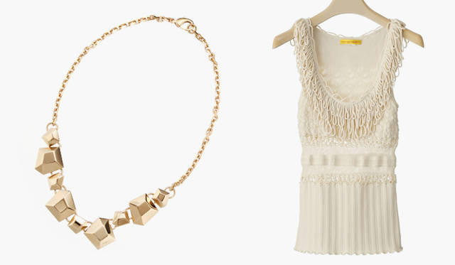 <b>Salvadore Ferragamo</b>｜グラフィカルなカッティングがモダン。ネックレス7万4550円（サルヴァトーレ フェラガモ／フェラガモ・ジャパン）　<b>CATHERINE MALANDRINO</b>｜さまざまに織られたレース編みを組み合わせて。ニットトップス4万7250円（キャサリン・マランドリーノ／ユニット＆ゲスト）