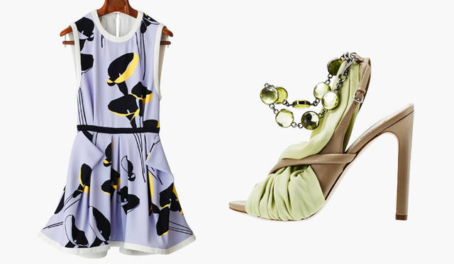 <b>MIUMIU</b>｜大きなフラワープリントやボリュームのあるスカート、背中のあいたデザインがフェミニニティを語る。ドレス30万2400円（予定価格）、上質なベージュのカーフレザーに、ペールグリーンのスカーフとビジューをあしらってエレガントに。サンダル [H13cm] 11万3400円（参考色・予定価格）（ミュウミュウ／プラダ ジャパン）