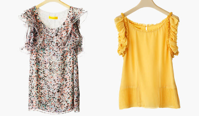 <b>CATHERINE MALANDRINO</b>｜優しく揺れるショートスリーブのラッフルが可憐。フラワープリントドレス7万8750円、細かなフリルやプリーツがほどこされて、フェミニンな印象。イエローキャミソール4万9350円（キャサリン・マランドリーノ／ユニット＆ゲスト）