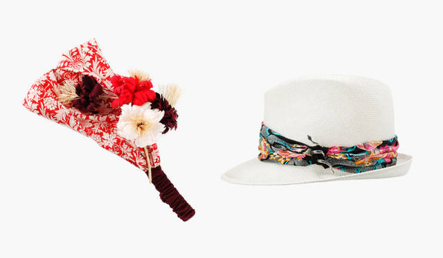 <b>Manami.K</b>｜ハンドメイドのフラワーモチーフ付きヘアバンドは、トロピカル気分満載。ヘアバンド2万3100円（2月下旬展開予定）（伊勢丹新宿店） <b>MISA HARADA</b>｜トロピカルな印象のリボンに、スネークのあしらいがワイルド。メンズライクにクールに被りたい。ハット（伊勢丹限定商品）3万3600円（2月下旬展開予定）（MISA HARADA／伊勢丹新宿店）
