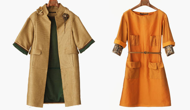 <b>MAURIZIO PECORARO</b>｜首まわりにつけられたビジューや5分袖をポイントにして。コート28万6650円、レイヤード風な袖口に注目。ワンピース15万7500円（マウリツィオ ペコラーロ／三喜商事）