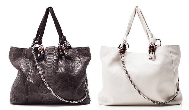 <b>GUCCI｜グッチ</b>　左から：トートバッグ（パイソン） 52万2900円、トートバッグ（ホワイト） 30万4500円