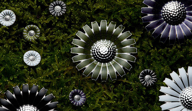 GEORG JENSEN｜ジョージ ジェンセン｜定番人気アイテムである「デイジー」は、デンマーク生まれであるブランド、ジョージ ジェンセンが持ち備えている、自然賛歌の心を表現しているかのようだ。新色であるオリーブとクロッカスは、神秘的な優しさを称える。大／ブローチ（白、黒、オリーブ、クロッカスの４色。すべてチェーン付きでペンダントトップになる）4万7250円、小／ピアス（白、黒、オリーブ、クロッカスの4色）2万3100円／すべてジョージ ジェンセン（ジョージ ジェンセン 丸の内）