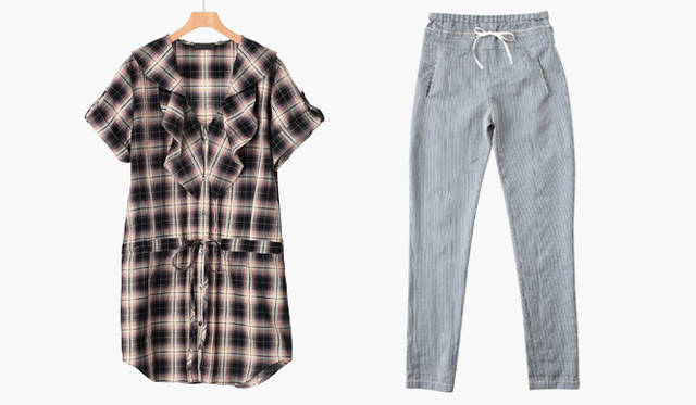 <br />左から、ストンとしたシルエットに襟もとのドレープがフェミニニティを加えて。チェックワンピース 5万4600円、裾が細めなので、着こなしが洗練された印象に仕上がる。リラックス感を楽しみたい。ストライプパンツ 4万3050円（ともにリチャード チャイ／バーニーズ　ニューヨーク新宿店　Tel. 03-3352-1200）