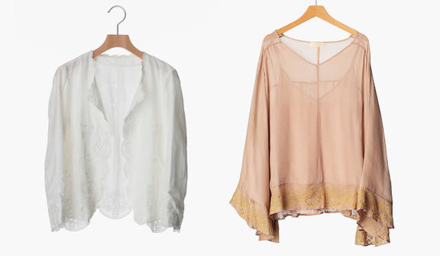 <br />左から、ナチュラルな風合いが魅力的なレースのカットワーク。ジャケット3万9900円、ピンクベージュの優しい色合いにゴールドの刺繍が映える。シフォンチュニック3万5700円（ともにトモンガ／バーニーズ　ニューヨーク新宿店　Tel. 03-3352-1200）