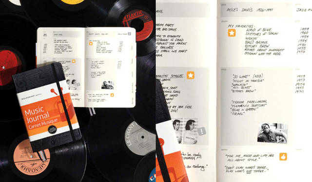 モレスキン│ミュージック ジャーナル<br>アーティスト、歌詞、コンサートなどジャンル毎に分けて記録できるフォーマット。白紙ページだけでなく五線譜ノートページも。オリジナル五線譜定規も付属