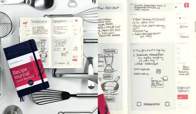 モレスキン│レシピ ジャーナル<br>レシピを前菜、メインディッシュなどジャンルに分けて記録できるフォーマット。旬の食べ物カレンダー、カロリー表、単位換算表も情報ページに掲載