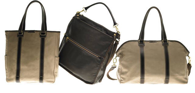 <br />左から：トートバッグ「97472｜H370×W340×D140mm」（ベージュ） 6万3000円、ショルダーバッグ「97471｜H410×W370×D120mm」（ブラウン） 5万9850円、ボストンバッグ「97473｜H310×W450×D180mm」（ベージュ） 7万8750円