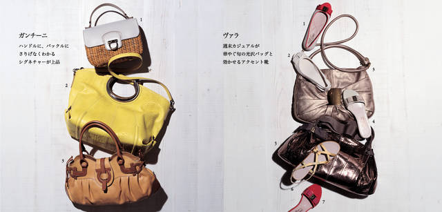 左｜</br>1 夏が恋しくなるかごバッグは、トップハンドルがきちんと感を醸し出すクラシックなデザイン。バッグ［W24×H16×D12cm］27万8250円、2 洗練されたパイソンのレモンイエローで、夏の配色センスに差をつけたい。取り外し可能なショルダーストラップ付きバッグ［W50×H35×D20cm］56万7000円、3「エコ フェラガモ」をテーマにした、環境に優しいタンニン染めは、自然なムラ感がきれい。バッグ［W50×H21×D10cm］18万9000円　</br>右｜<b>モチーフそのものがデザインになる楽しさは名門ブランドならでは</b></br>1 つま先だけコーラルレッドを差したヌーディなベージュは、華やかなのにすっきり。フラットシューズ［H1cm］6万1950円、2 PVC（ビニール）素材で、ビーチはもちろん雨の日もエレガント。フラットシューズ［H1cm］2万1000円、3 やわらかなナッパレザーでリボンのようにギャザーを寄せて。バッグ［W40×H29×D8cm］19万4250円、4 フラットサンダルもリボンで優雅に。サンダル［H1cm］4万7250円、5 片面がグログランリボンのハンドルで、メタリックのウィップス（ヘビ革）も女らしい。バッグ［W44×H30×D12cm］29万9250円、6 細いグログランにも小さな『ヴァラ』の飾りが。サンダル［H1cm］5万7750円、7 コーラルカラーのパテントが足先を鮮やかに彩る。サンダル［H1cm］4万7250円（すべてサルヴァトーレ フェラガモ／フェラガモ・ジャパン 0120-202-170）</br>