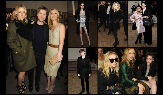 <strong>バーバリー｜BURBERRY</strong>  ロンドンの会場には、セレブリティたちも大勢駆けつけた。左から時計まわりに｜ケイト・ハドソン、クリストファー・ベイリー、クレア・デインズ、クリスティン・スチュワート、メアリー＝ケイト・オルセン、ツイッギーとエリン・オコナー、フロントロウでショー開演を待つメアリー＝ケイト・オルセン、ケイト・ハドソン、クリスティン・スチュワート、春夏の広告にも登場した、エマ・ワトソンの弟アレックス・ワトソン。
