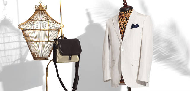 <br />麻の清涼感とシルクの軽やかさが見事に調和したジャケット。リラックスした雰囲気を醸しながら、日本人の体型を研究し尽くした仕立ての良さでシルエットを美しく演出する。少し褪せた色感で表現されたストライプが、ほかにはない上品さを生み出している。ジャケット10万5000円（ジョイックスコーポレーション　Tel. 03-3486-7231）、メンズハンカチーフ1575円（川辺 Tel. 03-3352-1231）、ブライトナイロンと上質なヨーロッパ産牛革とのコンビで、ソフトで高級感のある大人のタフスタイルバッグ。 “ダディ”シリーズ　ショルダーバッグ　2万5200円（イケテイ Tel. 03-3861-6271）