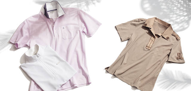 <br />東レのセオα（吸水速乾糸）と綿の吸水性を併せもった機能素材を使用。触れると冷たさを感じる「アイスマックス」（接触涼感素材）を衿内と背ヨークにほどこしており、暑い日のゴルフプレイ中にも嬉しい。左の2着｜ラベンダー色メンズ半袖ポロシャツ　1万8900円、メンズ半袖ハイネックシャツ　1万6800円、右｜肌触りの良い天竺ジャージィを使った半袖シャツ。ディテールにはビーズ刺しゅうがあしらわれて、よりエレガントな表情。ウィメンズ半袖シャツ　2万3100円（すべてランバン スポール／デサント　Tel. 03-5979-6101）