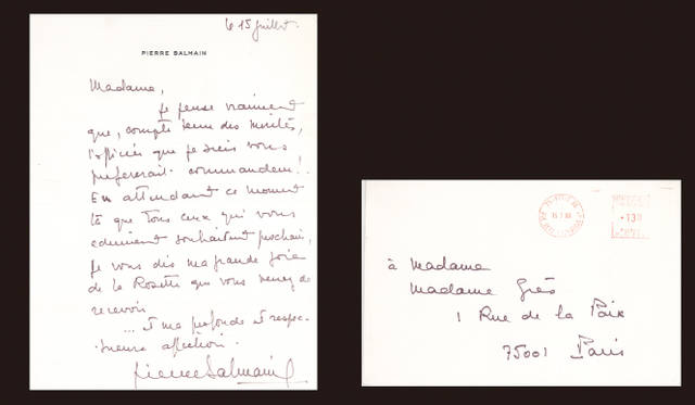 Madame Grès｜マダム グレ　ピエール・バルマンからマダム グレへ宛てられた手紙。レジオン・ド・ヌール勲章 シュバリエ（騎士の称号）叙勲が讃えられている。