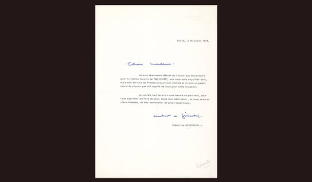 Madame Grès｜マダム グレ　ユベール・ドゥ・ジヴァンシィからマダム グレへの手紙。デ・ドール賞（金の指貫賞）受賞へのお祝いのことば。